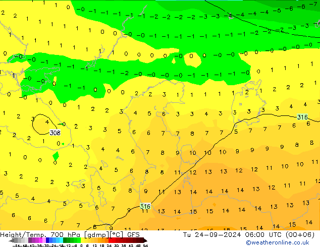 Yükseklik/Sıc. 700 hPa GFS Sa 24.09.2024 06 UTC