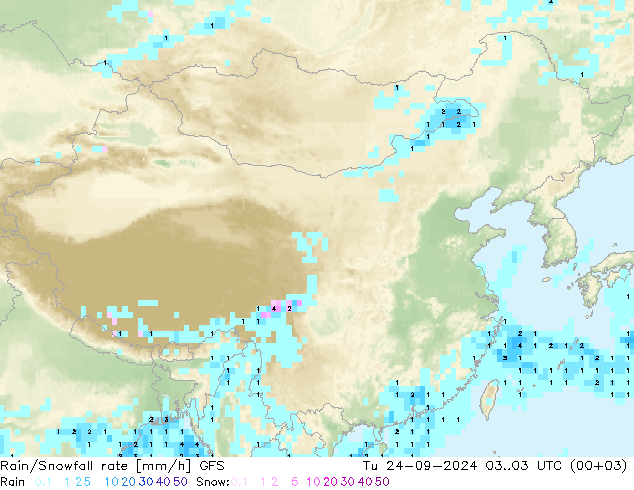 Rain/Snowfall rate GFS mar 24.09.2024 03 UTC