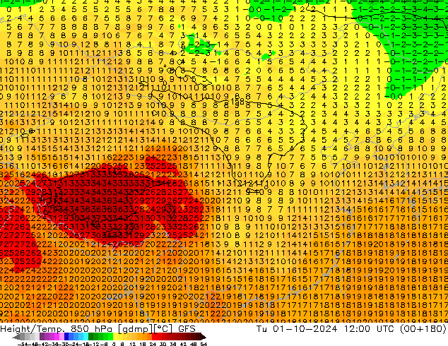 Height/Temp. 850 hPa GFS  01.10.2024 12 UTC