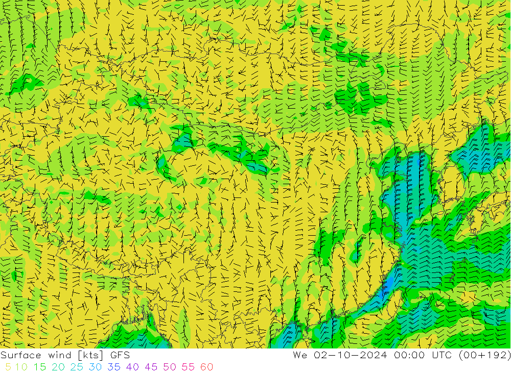 Rüzgar 10 m GFS Çar 02.10.2024 00 UTC