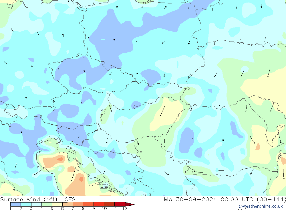 Surface wind (bft) GFS Mo 30.09.2024 00 UTC