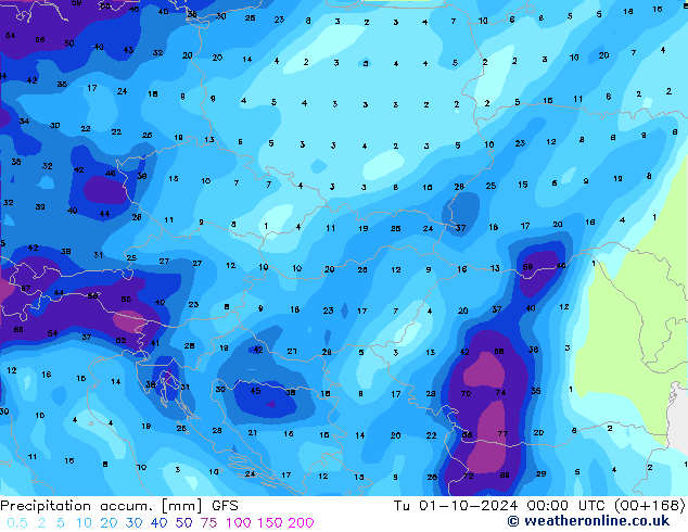 Totale neerslag GFS di 01.10.2024 00 UTC