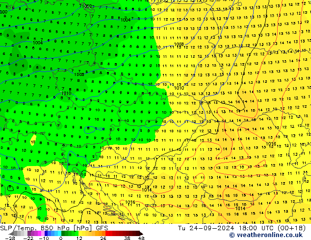 SLP/Temp. 850 hPa GFS Tu 24.09.2024 18 UTC