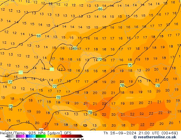 Géop./Temp. 925 hPa GFS jeu 26.09.2024 21 UTC