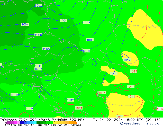 Thck 700-1000 hPa GFS wto. 24.09.2024 15 UTC