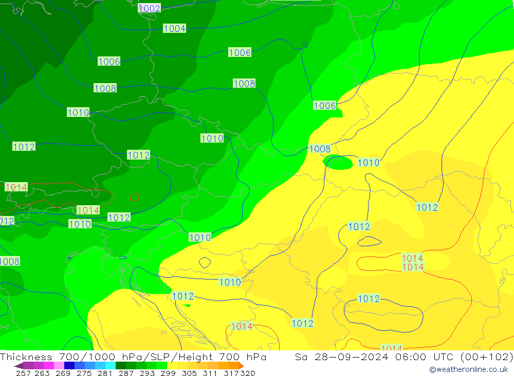 Thck 700-1000 hPa GFS Sa 28.09.2024 06 UTC