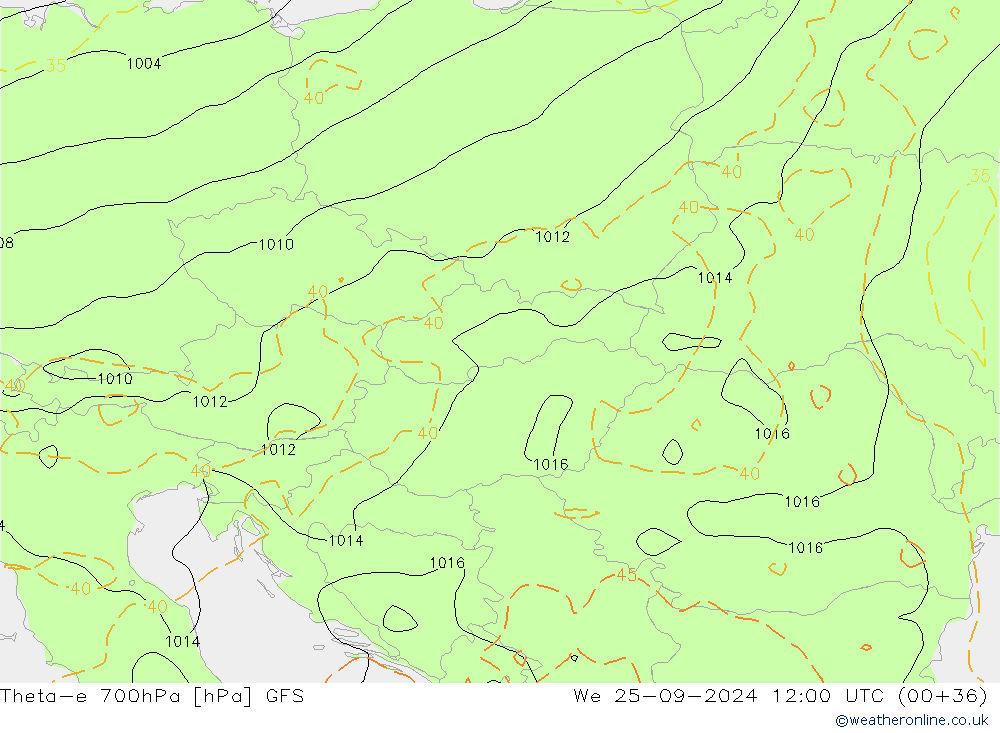 Theta-e 700гПа GFS ср 25.09.2024 12 UTC