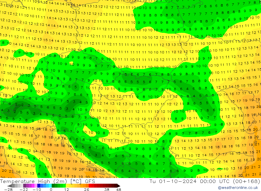 Nejvyšší teplota (2m) GFS Út 01.10.2024 00 UTC