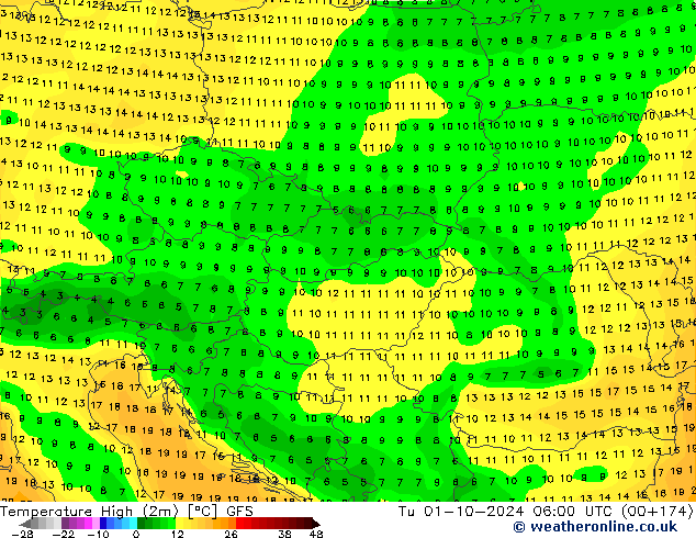 Nejvyšší teplota (2m) GFS Út 01.10.2024 06 UTC