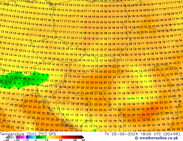 Temperature (2m) GFS Čt 26.09.2024 18 UTC