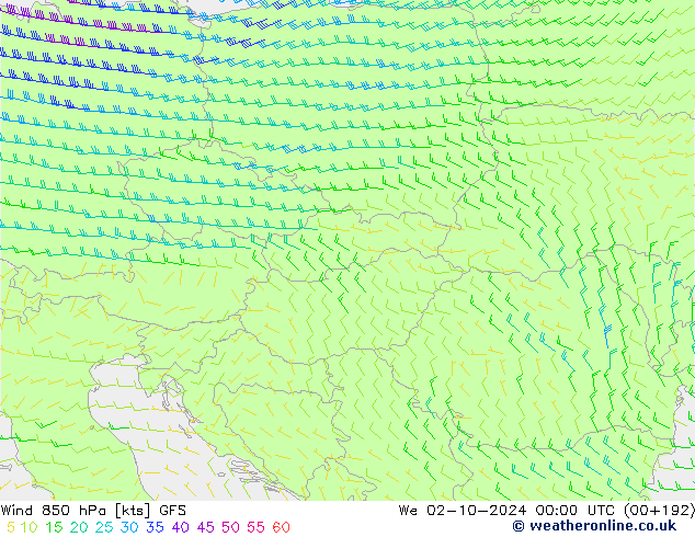 wiatr 850 hPa GFS śro. 02.10.2024 00 UTC