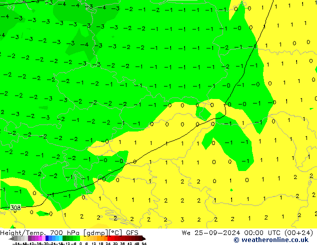 Hoogte/Temp. 700 hPa GFS wo 25.09.2024 00 UTC