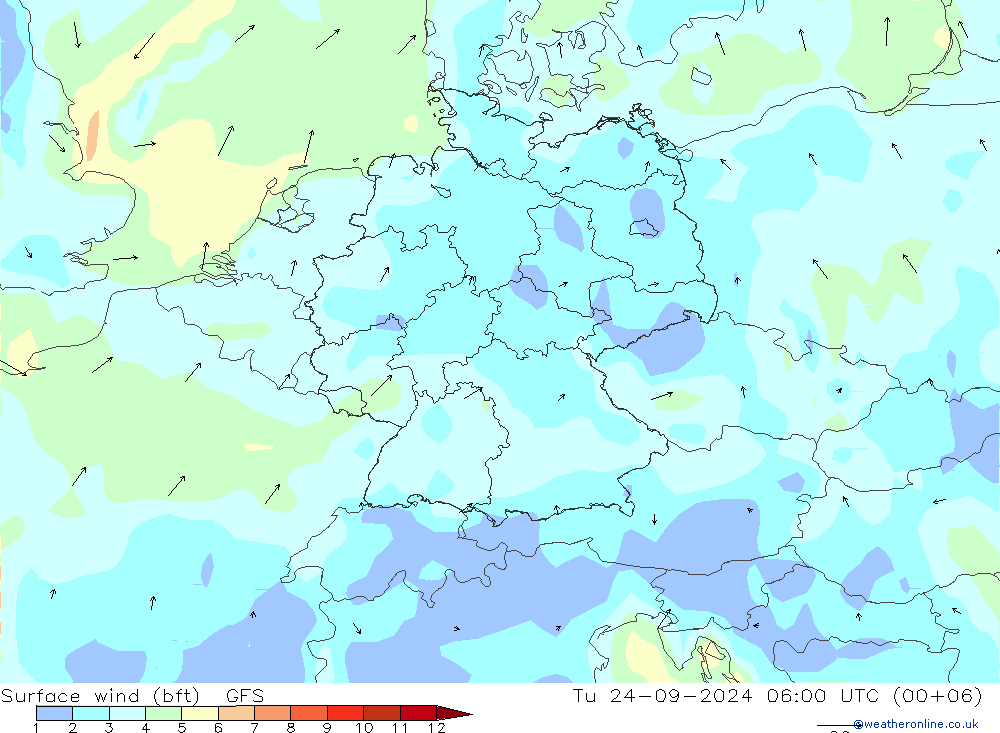 Vento 10 m (bft) GFS Ter 24.09.2024 06 UTC