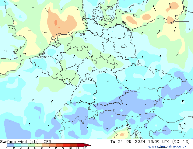 Wind 10 m (bft) GFS di 24.09.2024 18 UTC