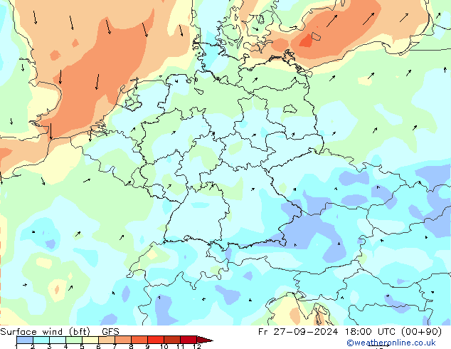 Vento 10 m (bft) GFS Sex 27.09.2024 18 UTC