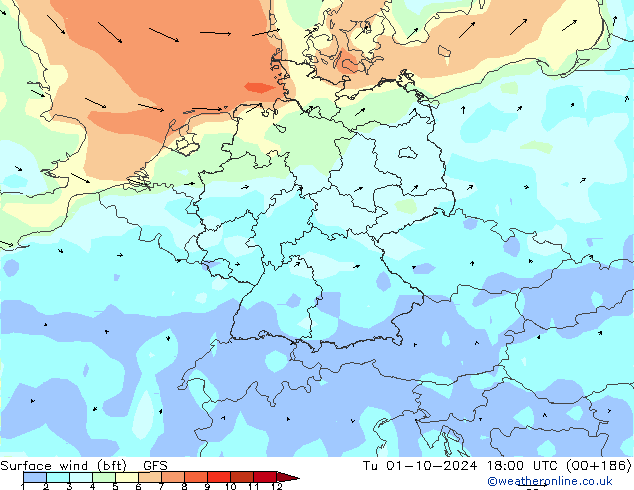 ве�Bе�@ 10 m (bft) GFS вт 01.10.2024 18 UTC