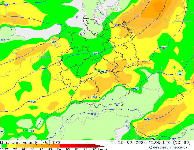 Max. wind velocity GFS чт 26.09.2024 12 UTC