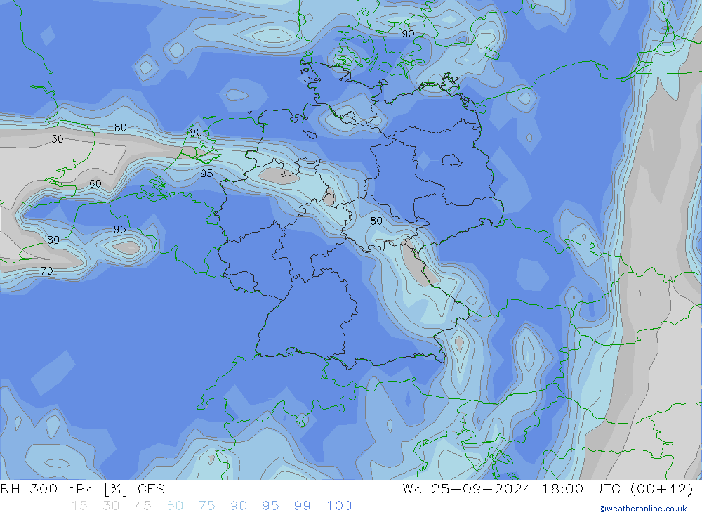 RH 300 hPa GFS Mi 25.09.2024 18 UTC