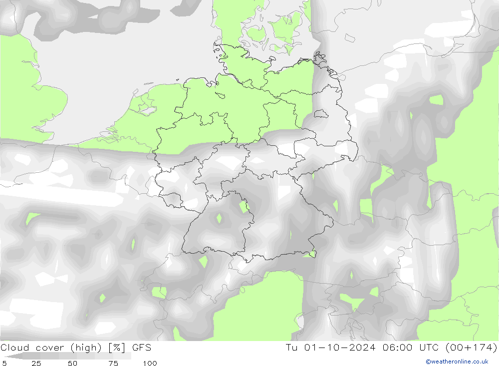 Cloud cover (high) GFS Tu 01.10.2024 06 UTC