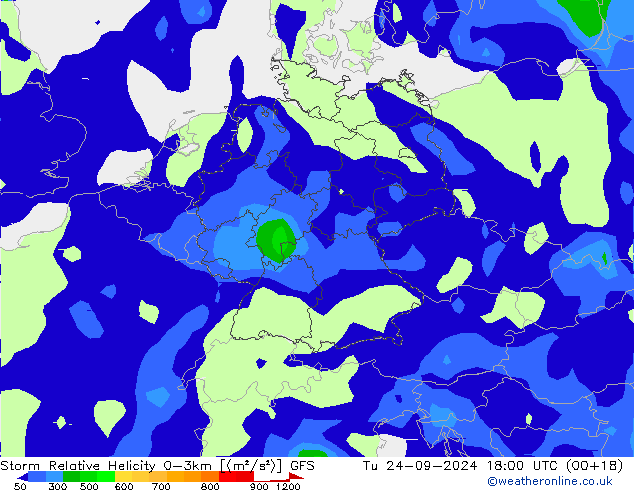 Storm Relative Helicity GFS Tu 24.09.2024 18 UTC