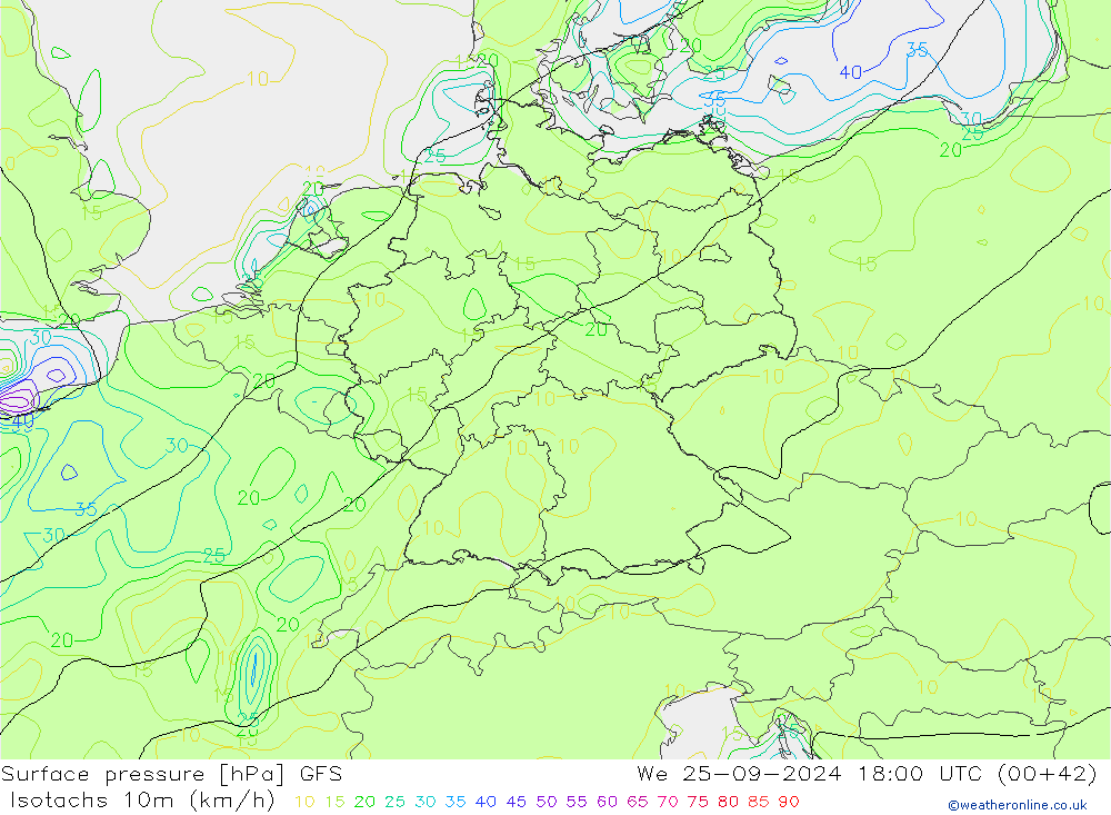 Isotachs (kph) GFS We 25.09.2024 18 UTC