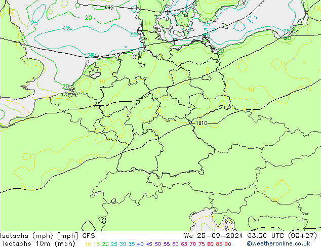 Isotachs (mph) GFS ср 25.09.2024 03 UTC