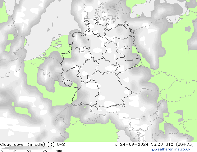 oblačnosti uprostřed GFS Út 24.09.2024 03 UTC