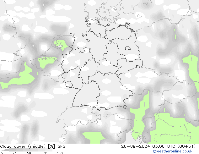 Cloud cover (middle) GFS Th 26.09.2024 03 UTC