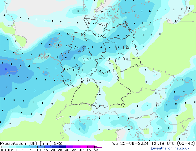 Précipitation (6h) GFS mer 25.09.2024 18 UTC