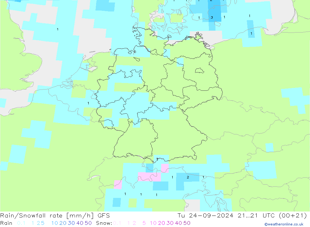 Rain/Snowfall rate GFS Út 24.09.2024 21 UTC