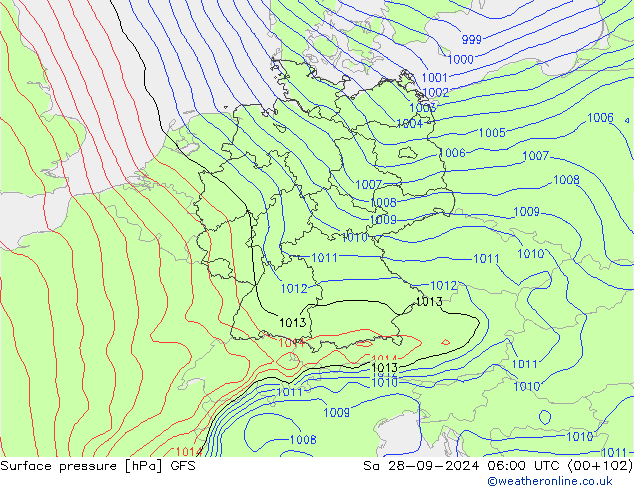 Presión superficial GFS sáb 28.09.2024 06 UTC