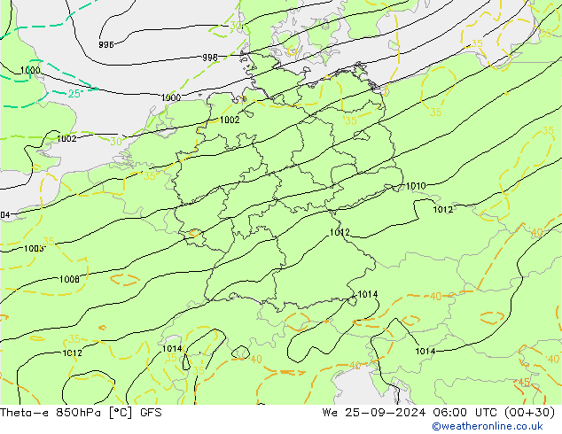 Theta-e 850hPa GFS śro. 25.09.2024 06 UTC