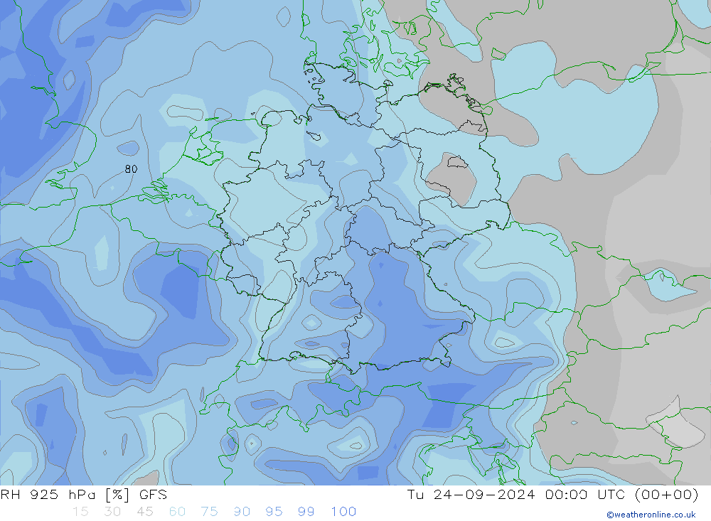 RH 925 hPa GFS 星期二 24.09.2024 00 UTC