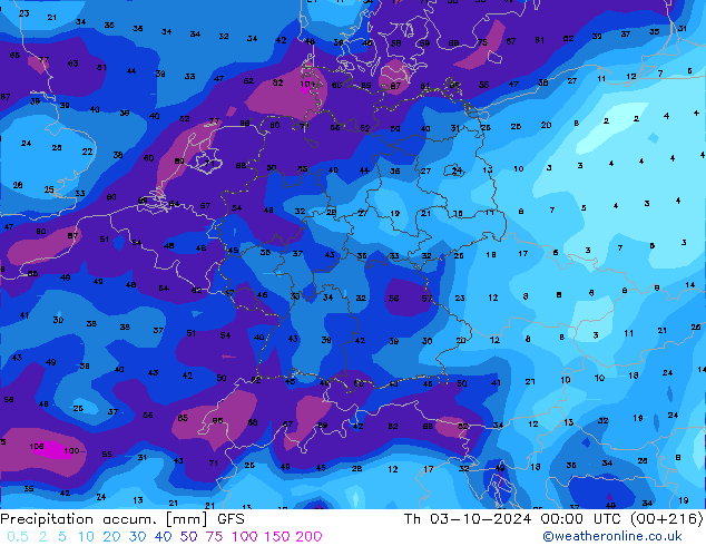 Precipitation accum. GFS Th 03.10.2024 00 UTC