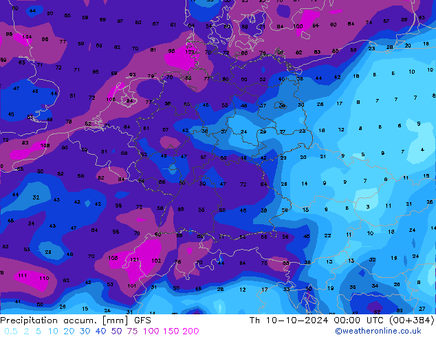 Precipitation accum. GFS Th 10.10.2024 00 UTC