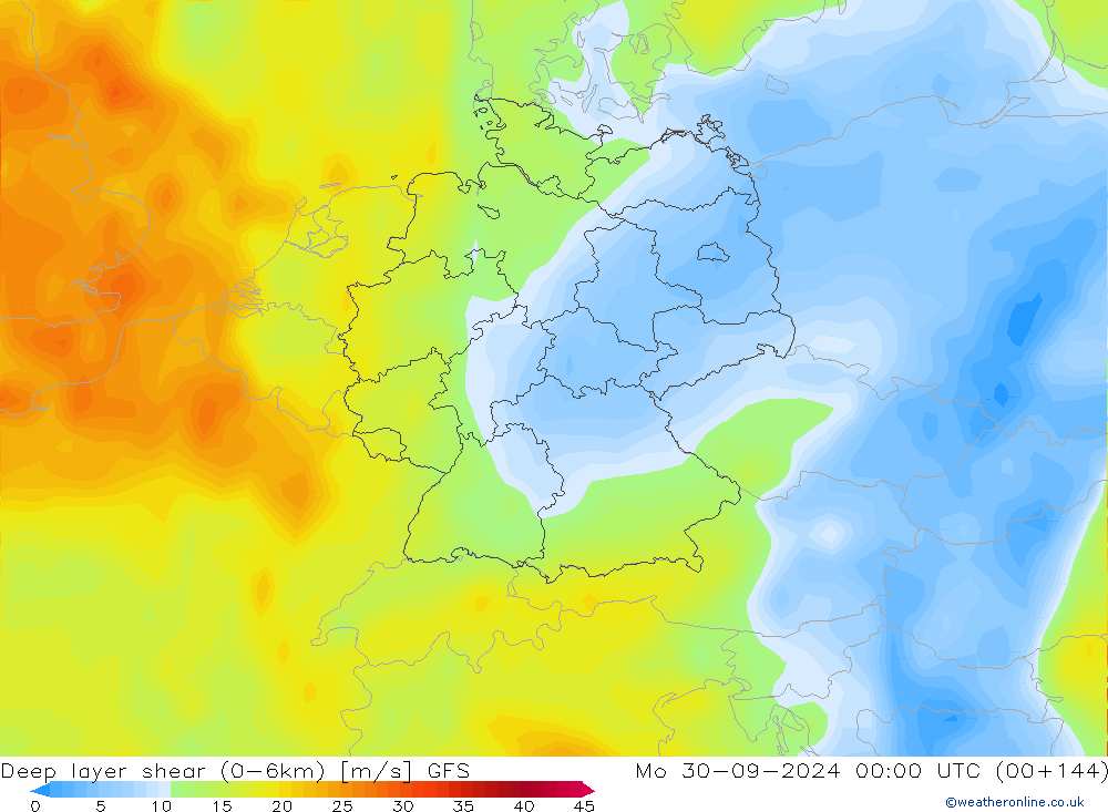 Deep layer shear (0-6km) GFS пн 30.09.2024 00 UTC