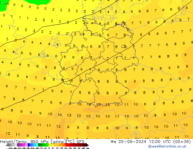 Height/Temp. 850 hPa GFS śro. 25.09.2024 12 UTC