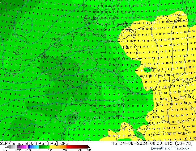 SLP/Temp. 850 hPa GFS Di 24.09.2024 06 UTC