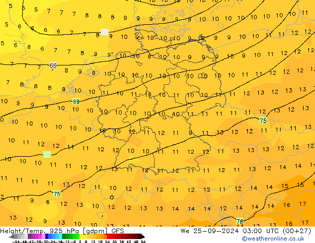 Yükseklik/Sıc. 925 hPa GFS Çar 25.09.2024 03 UTC