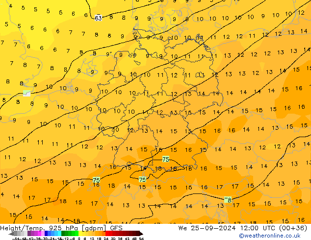 Height/Temp. 925 hPa GFS We 25.09.2024 12 UTC