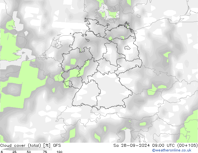 Cloud cover (total) GFS Sa 28.09.2024 09 UTC