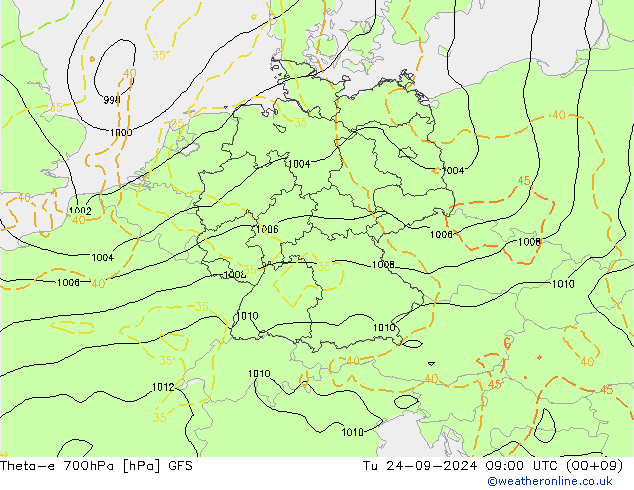 Theta-e 700hPa GFS Sa 24.09.2024 09 UTC