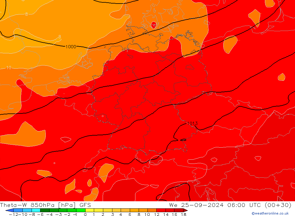 Theta-W 850hPa GFS We 25.09.2024 06 UTC