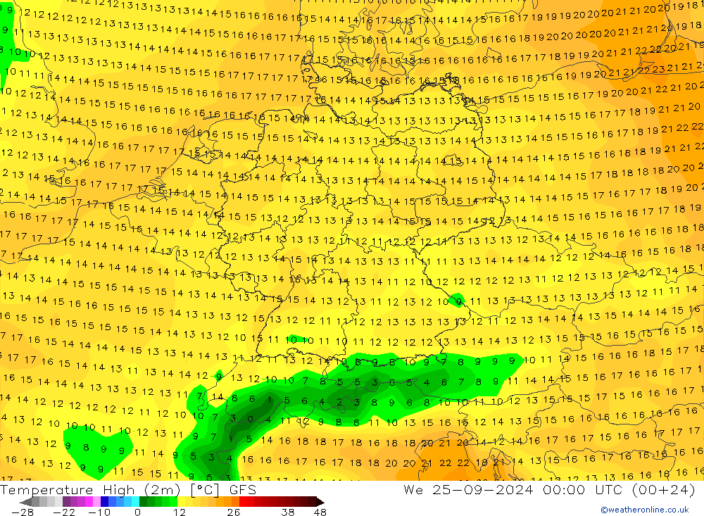 Nejvyšší teplota (2m) GFS St 25.09.2024 00 UTC