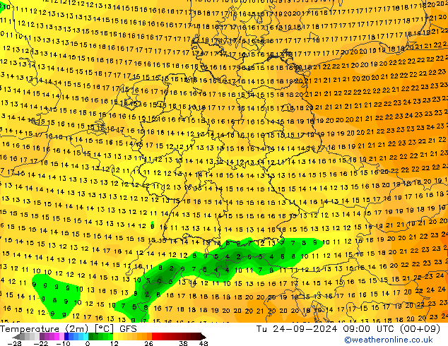 Temperaturkarte (2m) GFS Di 24.09.2024 09 UTC