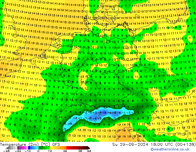 Temperatuurkaart (2m) GFS zo 29.09.2024 18 UTC