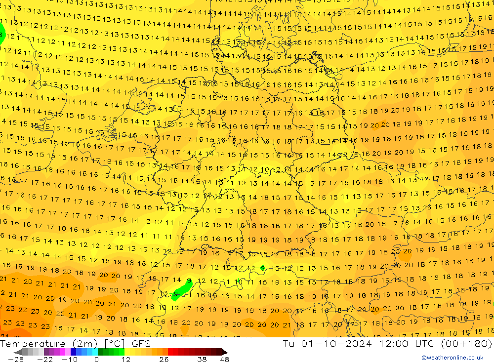 Temperaturkarte (2m) GFS Di 01.10.2024 12 UTC