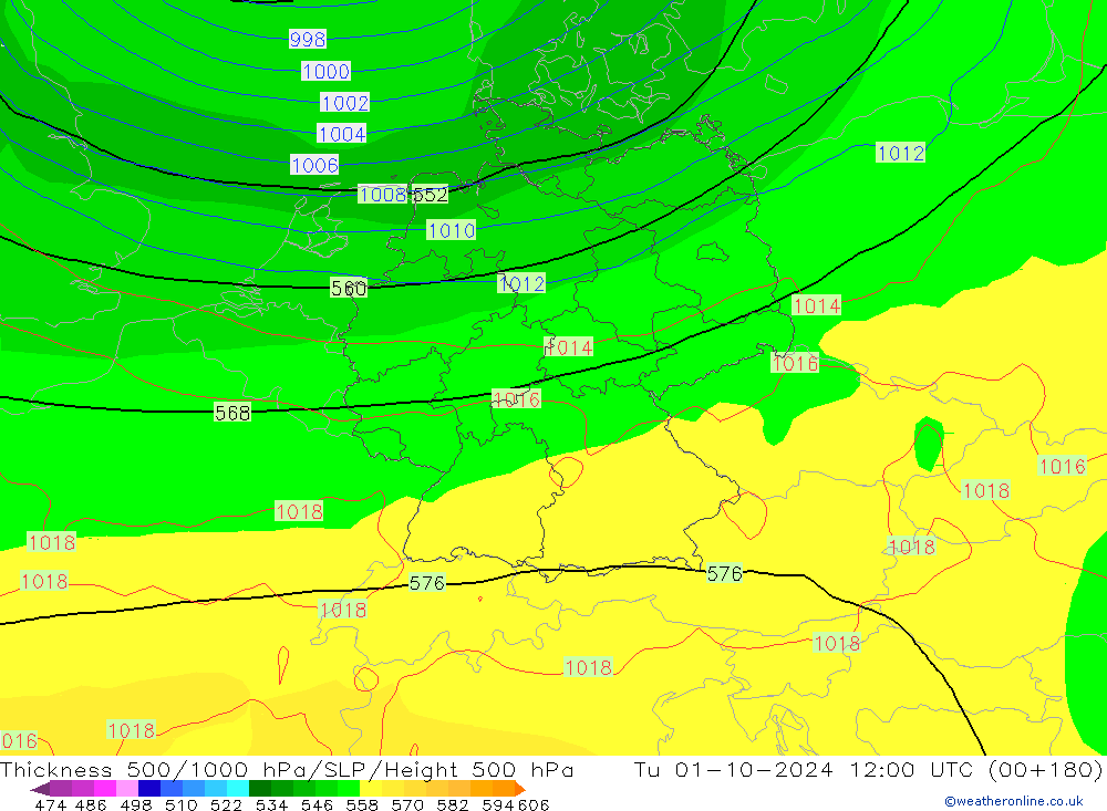 Thck 500-1000hPa GFS Tu 01.10.2024 12 UTC