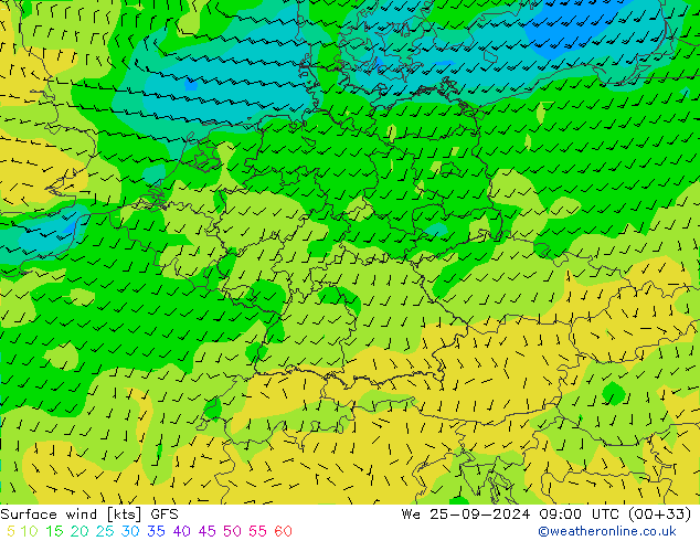 Vento 10 m GFS mer 25.09.2024 09 UTC