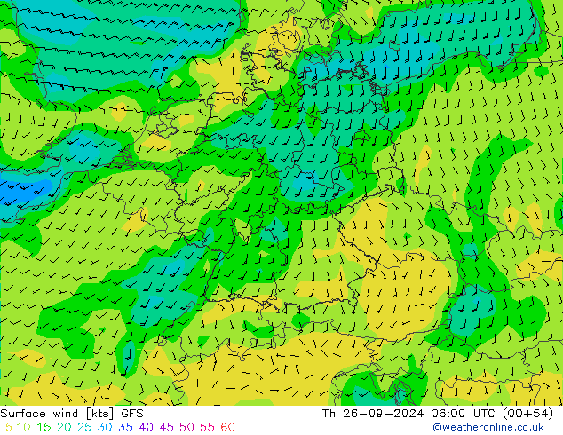 wiatr 10 m GFS czw. 26.09.2024 06 UTC